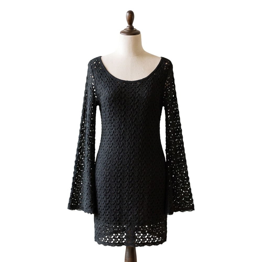 FREE PEOPLE "Gypsy" Crochet Bell-Sleeve Mini Dress Black Whimsygoth Witchy $128